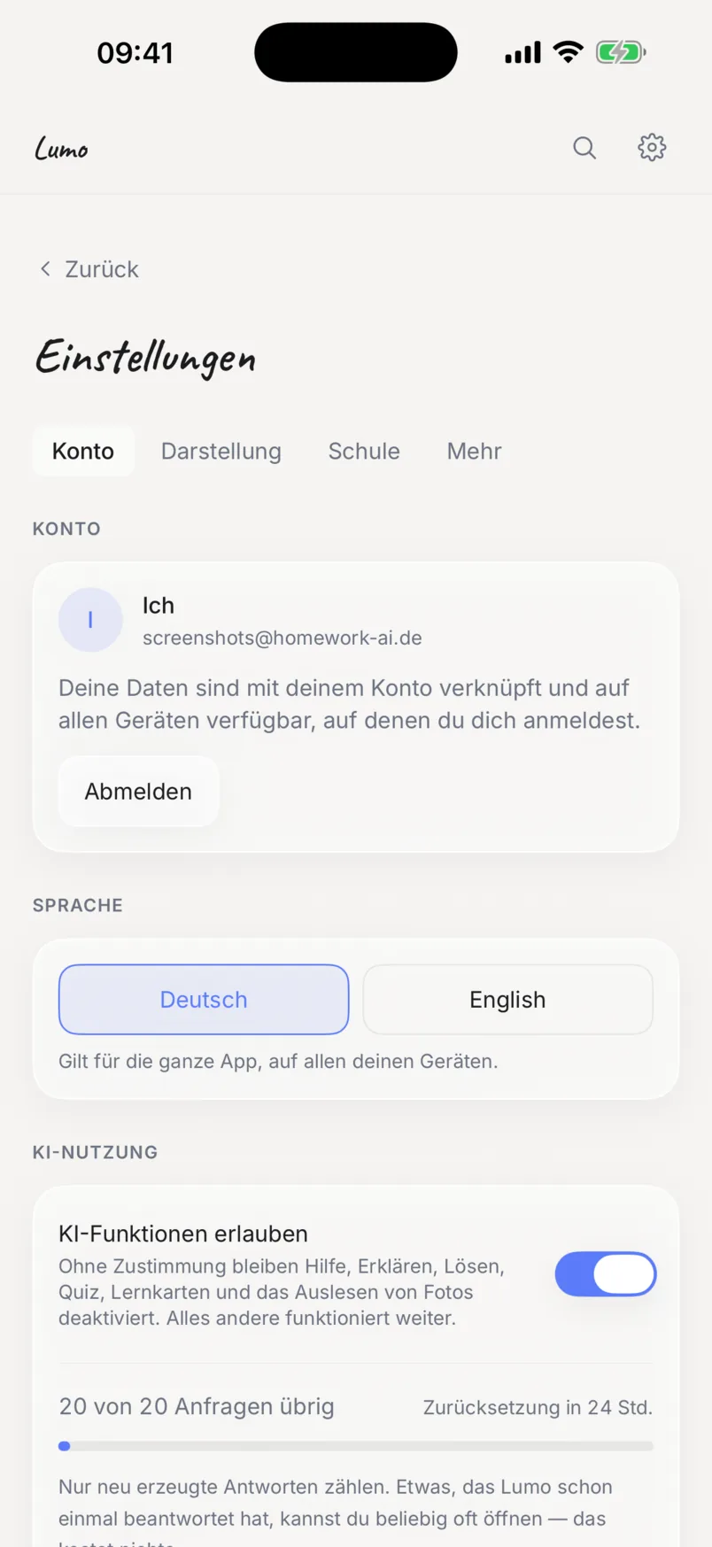 Die Einstellungen in Lumo: Konto, Darstellung, Schule und mehr.