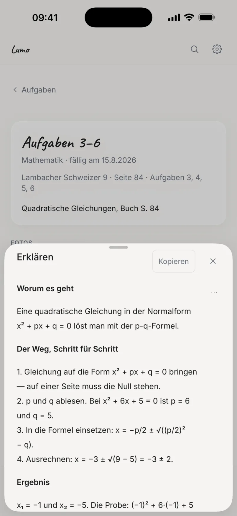 Die Schritt-für-Schritt-Erklärung einer Mathematikaufgabe in Lumo.