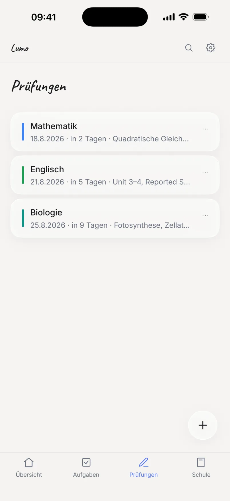 Die Prüfungsübersicht in Lumo mit den nächsten Terminen.